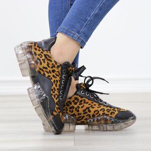 Leopard Print Platform Sneakers Transparent Sole Black Toe Cap Lace-Up